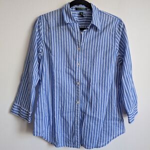 Lauren Ralph Lauren Women's Blue and White Striped Preppy Button-up Shirt M